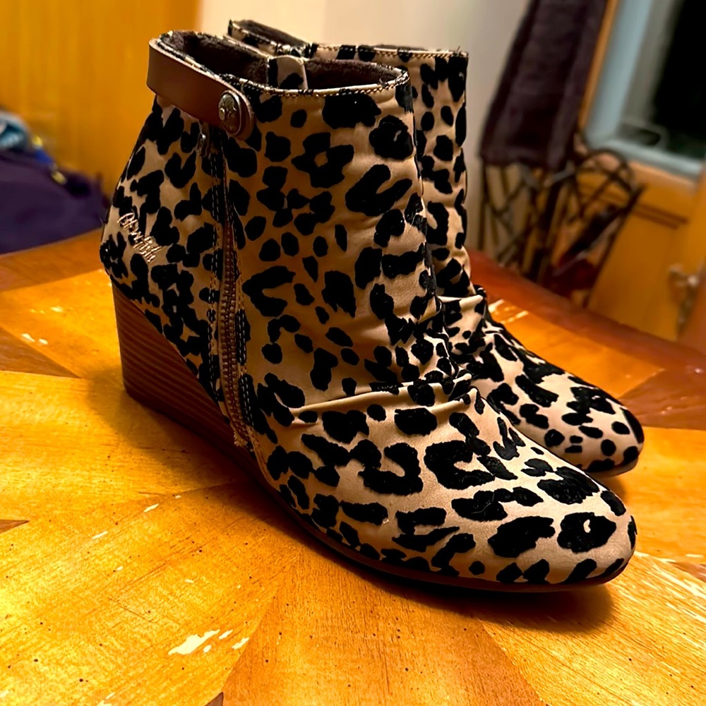 Blowfish animal print ankle wedges.